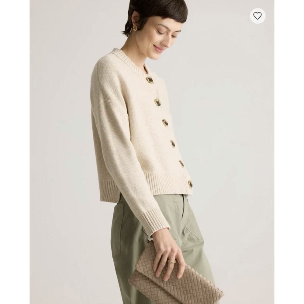 QUINCE Speckled Beige 100% ORGANIC COTTON Cropped CARDIGAN Sz S Minimalist Prepp - Picture 6 of 15
